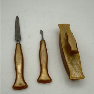 VTG Art Deco Three-Piece Manicure Set Marbled Amber Bakelite celluloid vanity